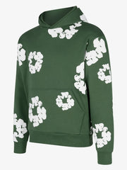 Denim Tears Forest Green All‑Over White Cotton Wreath Pullover Hoodie