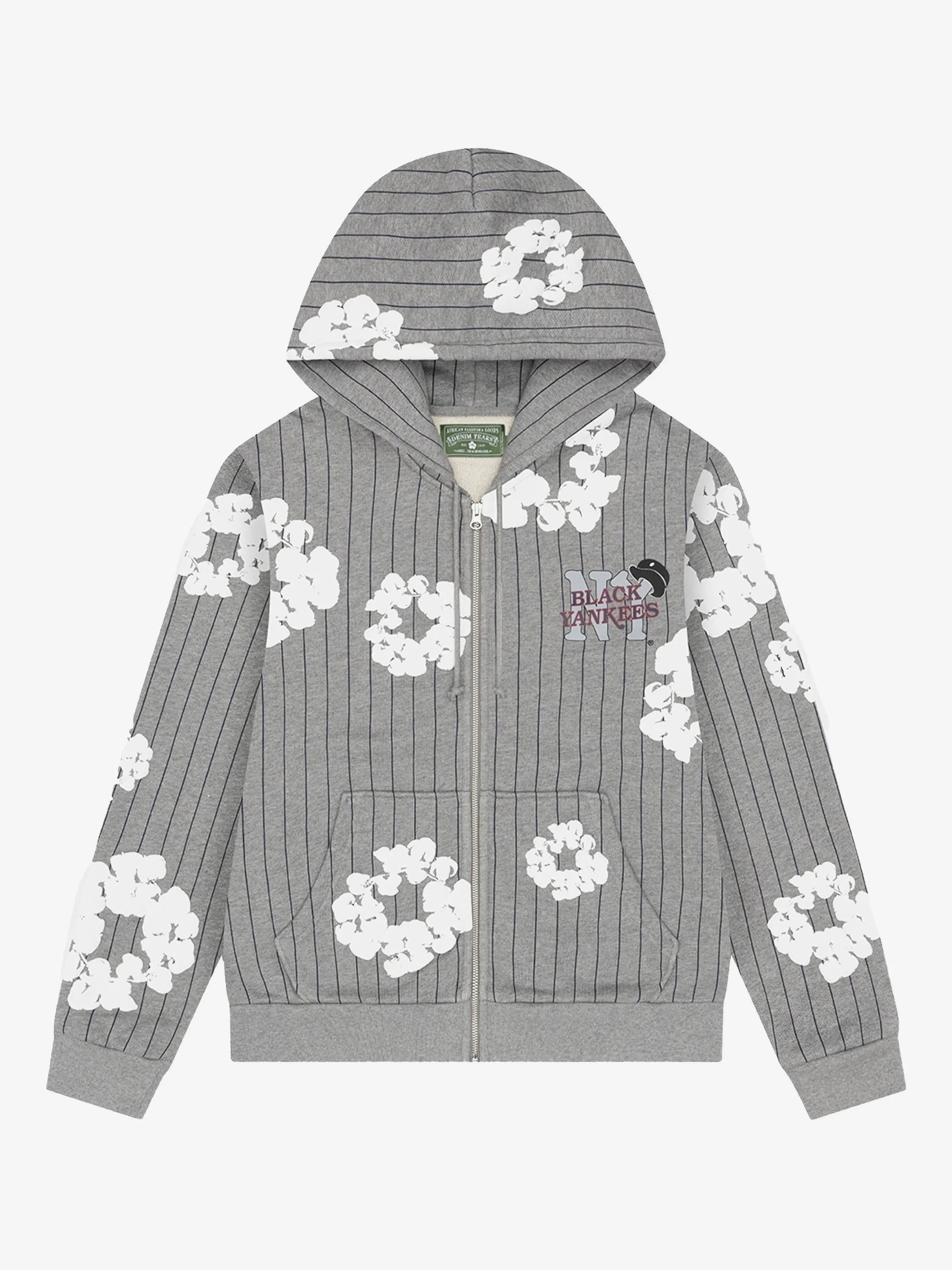Denim Tears x Black Yankees Grey Pinstripe Full‑Zip Hoodie Cotton Wreath Print