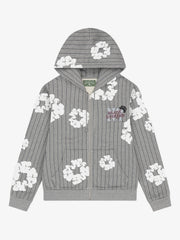 Denim Tears x Black Yankees Grey Pinstripe Full‑Zip Hoodie Cotton Wreath Print