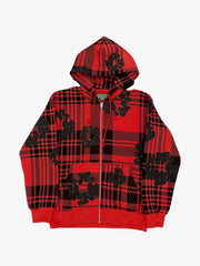 Denim Tears Red‑Black Plaid All‑Over Black Cotton Wreath Full Zip Hoodie