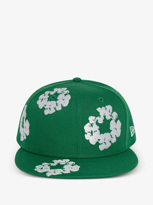 Green White Floral Embroidery Structured Flat Brim Snapback Cap Hover Image