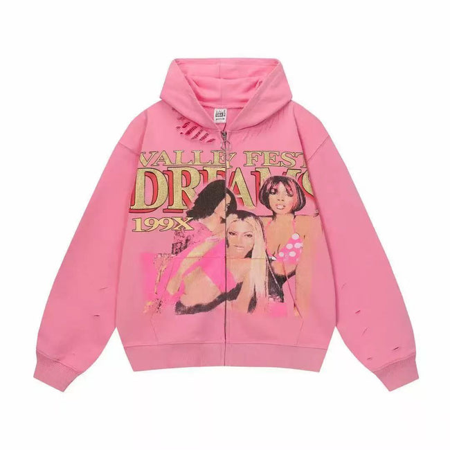 Vale Forever Dreams Distressed Zip Up Hoodie 'Pink' Hover Image
