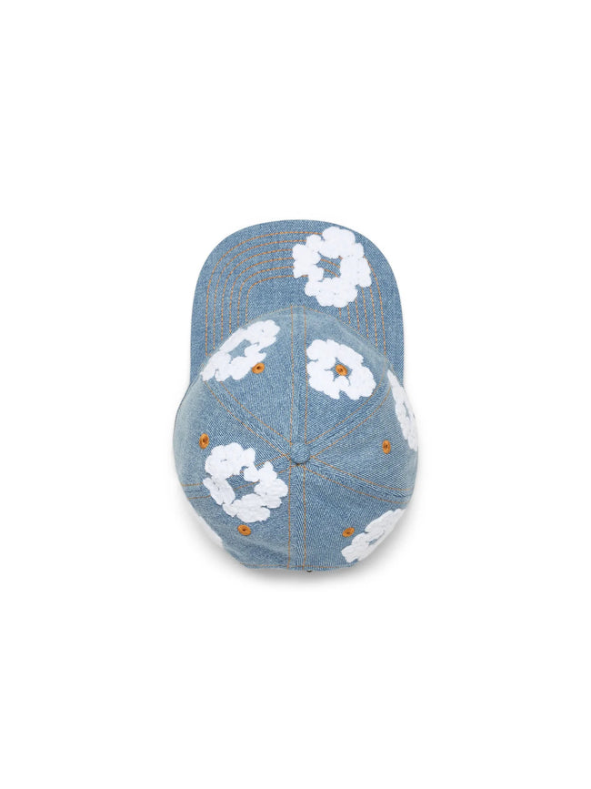 Denim White Floral Applique Flat Brim Snapback Cap Main Image