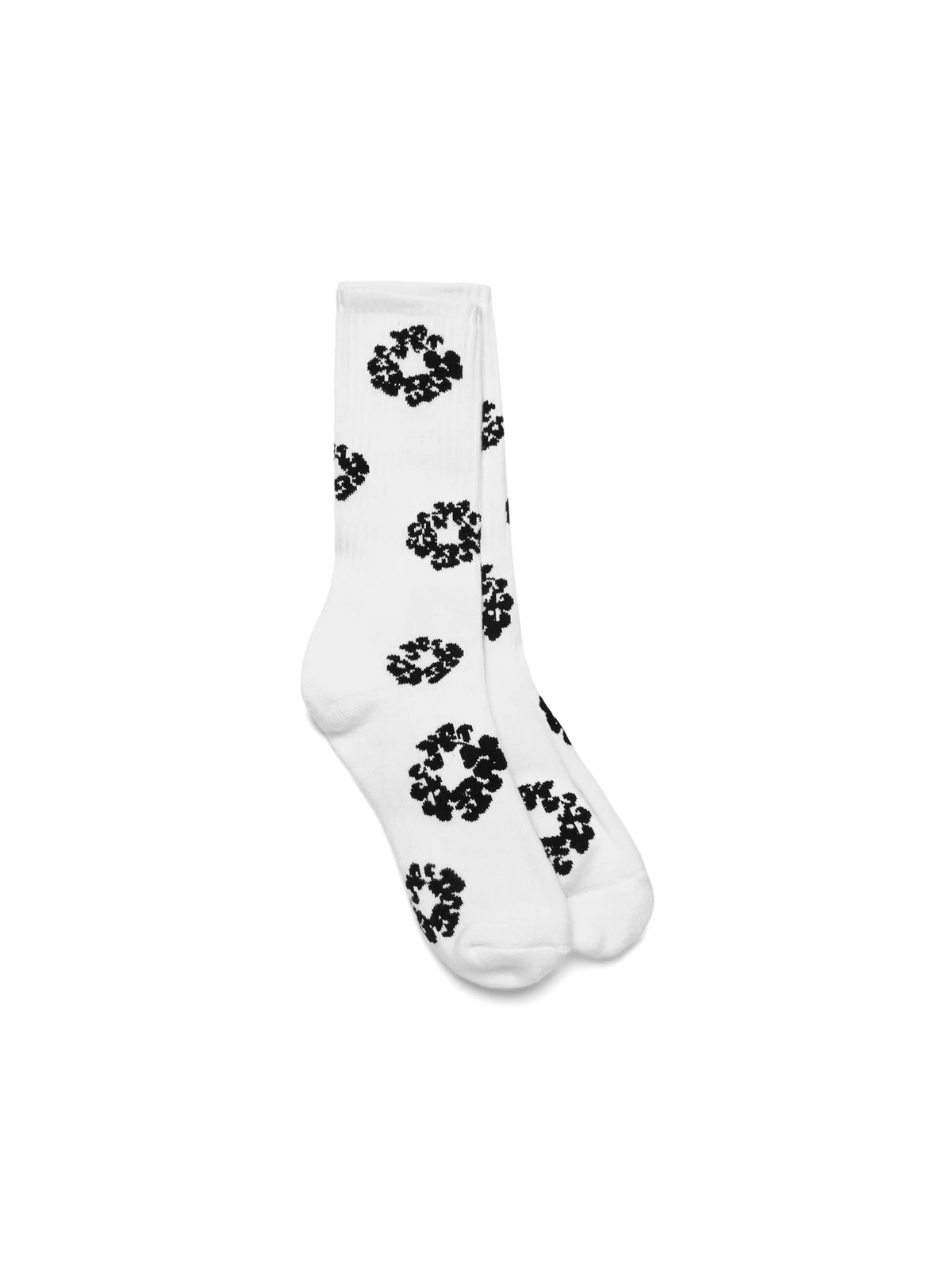 White Crew Socks Black Floral Wreath All‑Over Print