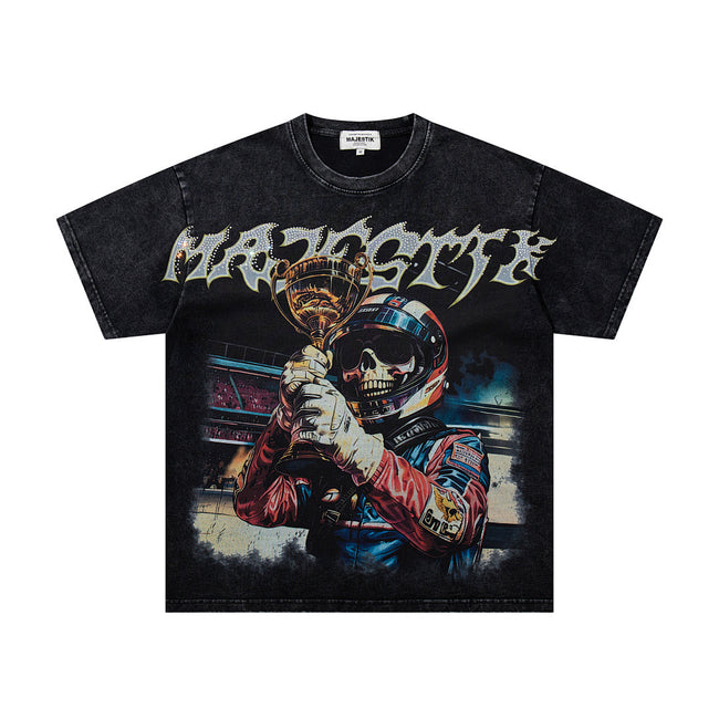 Majestik “Victory Lap” Racing Skeleton Rhinestone Vintage Tee（Black） Hover Image
