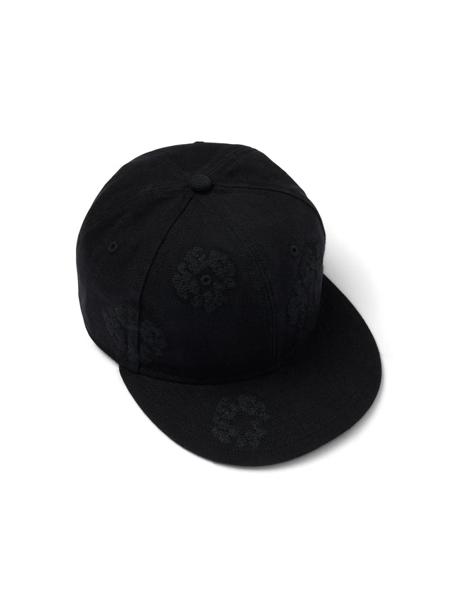 Black Floral Embroidery Flat Brim Snapback Cap Hover Image
