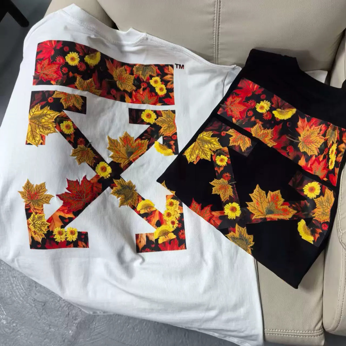 Off-White Autumn Maple Sunflower Arrow Cross Print Short Sleeve T-Shirt