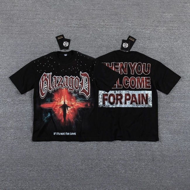 GLAZA GOD Men's Gothic Graphic Oversized T-Shirt – Dark Streetwear Double-Sided Print Casual Tee Hover Image