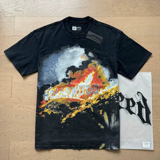 Godspeed Hollywood Burning Apocalypse Graphic Tee Cotton Acid Washed Shirt Hover Image