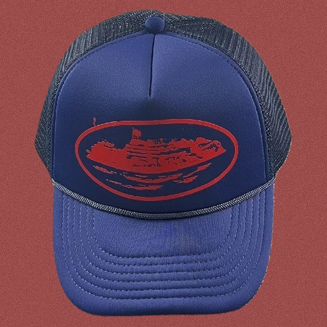 Vintage Blue Trucker Hat with Red Cruise Ship Graphic Hover Image