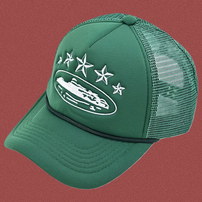 Corteiz Vintage Green Trucker Hat with White Stars and Cruise Ship Graphic Hover Image