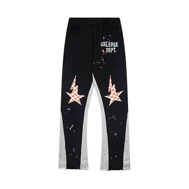 Gallery Dept. "GALERIE DEPT." Checkered Star Graphic Paint Splatter Contrast Panel Sweatpants - Black & Grey Hover Image
