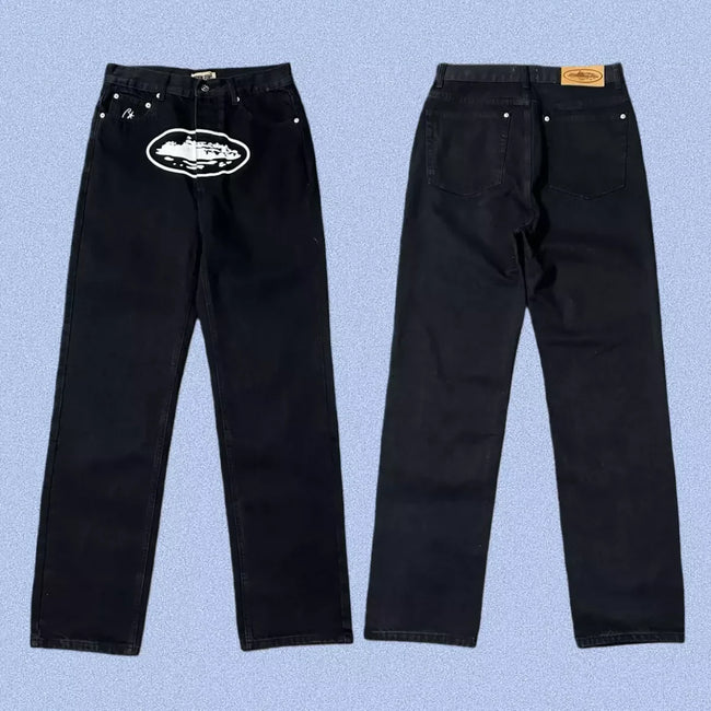 Corteiz Alcatraz Island Front Logo Heavyweight Denim Pants - Black Hover Image