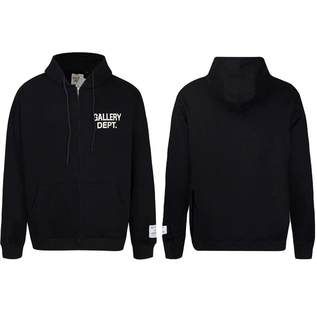 Gallery Dept Solid Black White Logo Full Zip Up Hoodie Hover Image