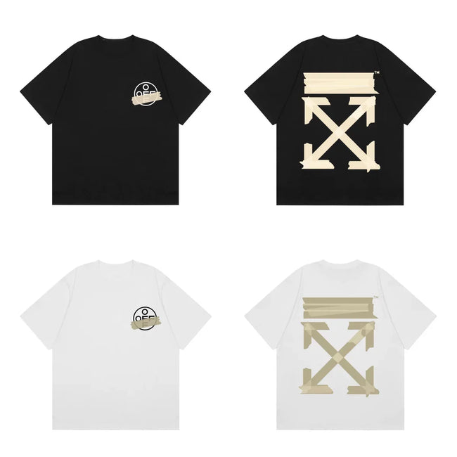 Off-White Beige Warning Tape Arrow Cross Print Short Sleeve T-Shirt Hover Image