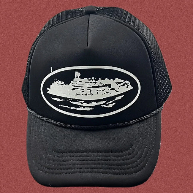 Cortiez Bold White Oval Ship Logo Trucker Hat - Black Hover Image