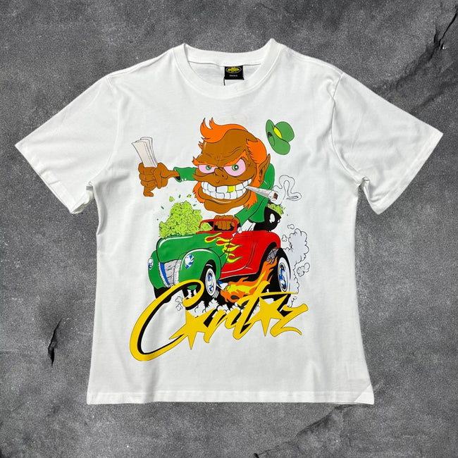 Corteiz Cartoon Hot Rod Graphic Tee - White Streetwear T-Shirt Hover Image
