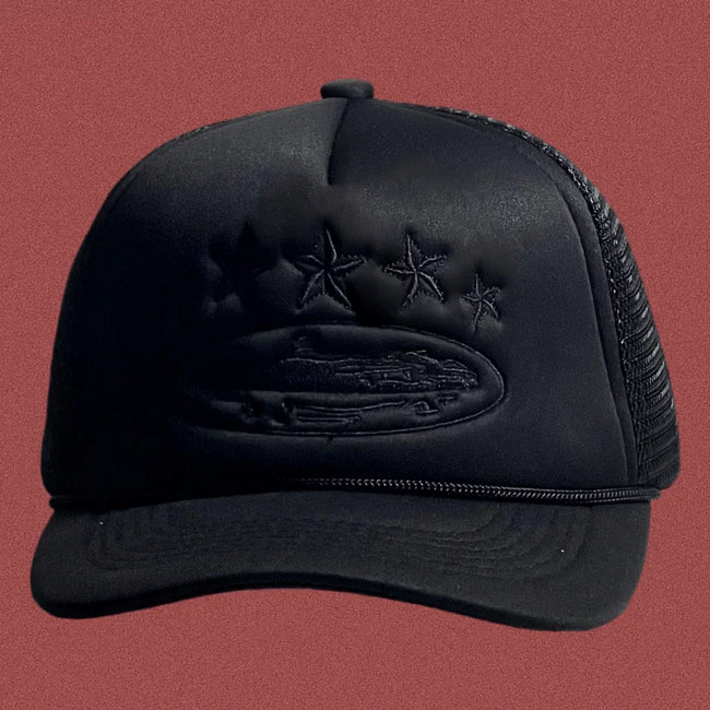 All-Black Vintage Trucker Hat with Tonal Stars and Cruise Ship Graphic Hover Image