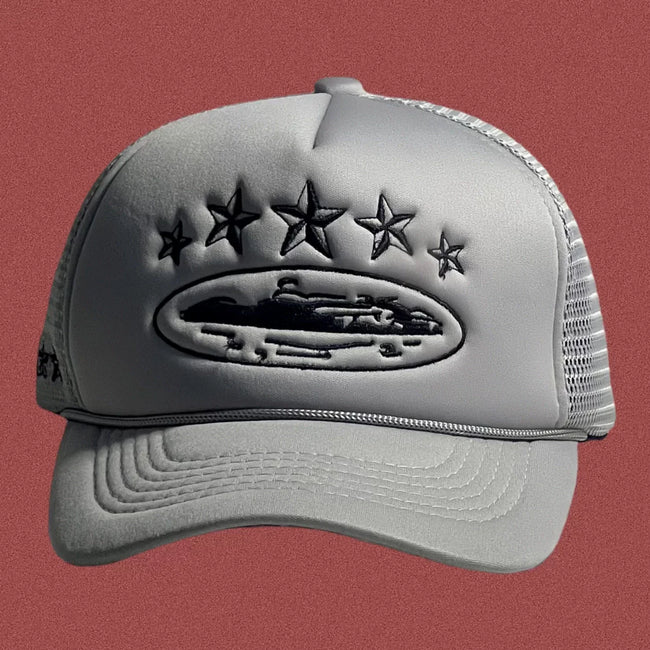 Corteiz Vintage Grey Trucker Hat with Black Stars and Cruise Ship Graphic Hover Image