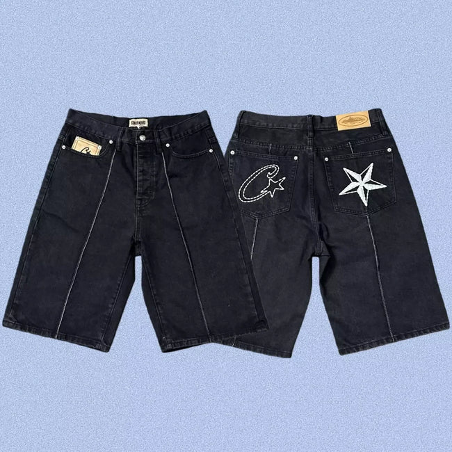 Corteiz Back Star Embroidery Heavyweight Denim Shorts Black Hover Image