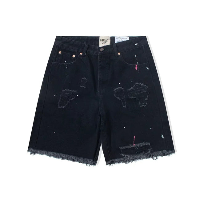 Gallery Dept. Distressed Paint Splatter Black Denim Shorts Hover Image