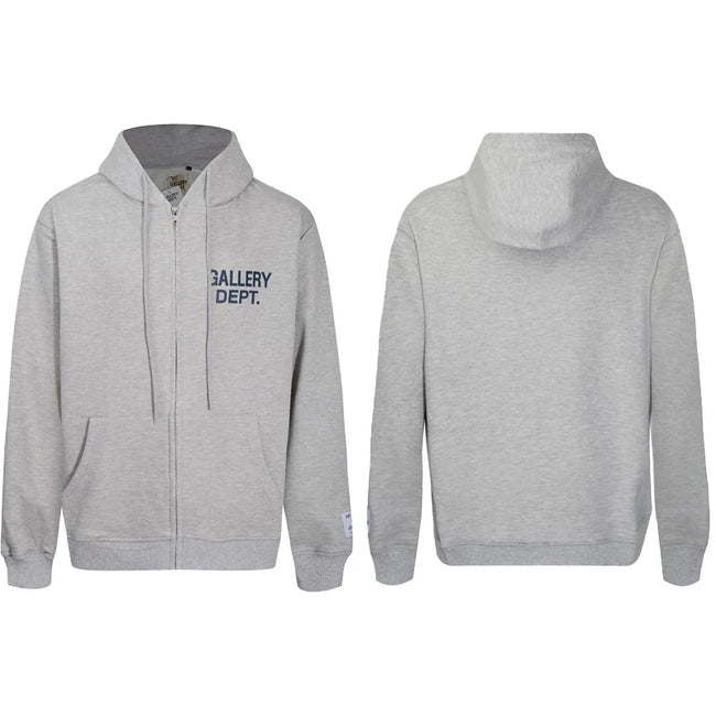 Gallery Dept Heather Grey Navy Blue Logo Full Zip Up Hoodie Hover Image