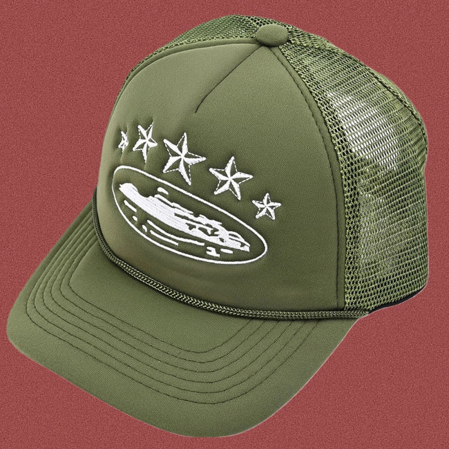 Corteiz Vintage Olive Green Trucker Hat with White Stars and Cruise Ship Graphic Hover Image