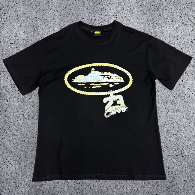 Corteiz Gold Chain & "23" Pendant Logo T-Shirt - Black Streetwear Tee Hover Image