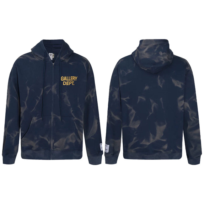 Gallery Dept. "Water Ripple" Zip Hoodie – Navy Blue Tie-Dye, Gold Logo Hover Image
