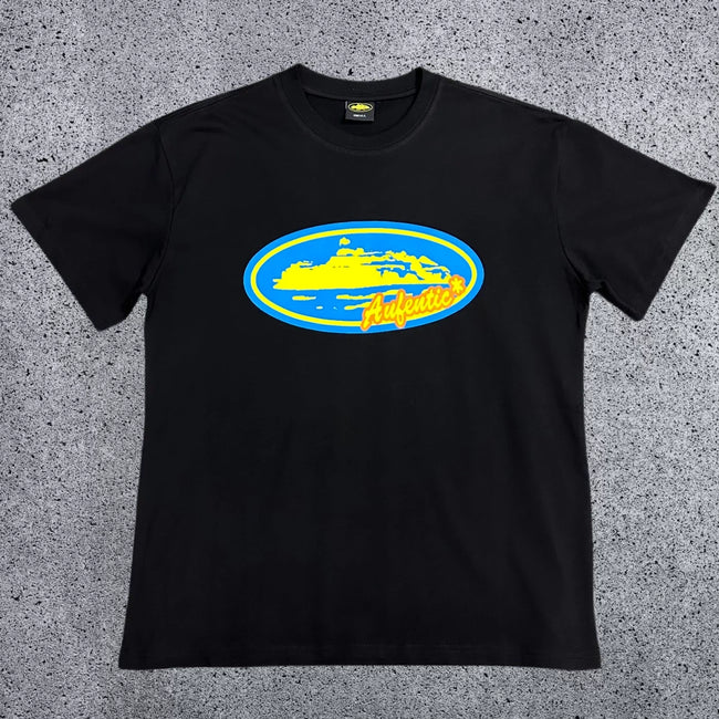 Corteiz Authentic Oval Logo T-Shirt – Black/Blue & Yellow Hover Image