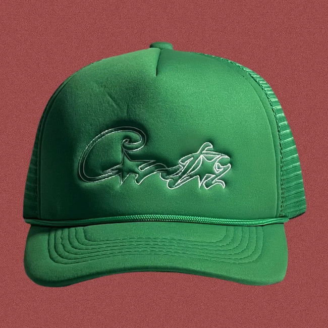 Corteiz Vintage Green Trucker Hat with White Script and Star Graphic Hover Image