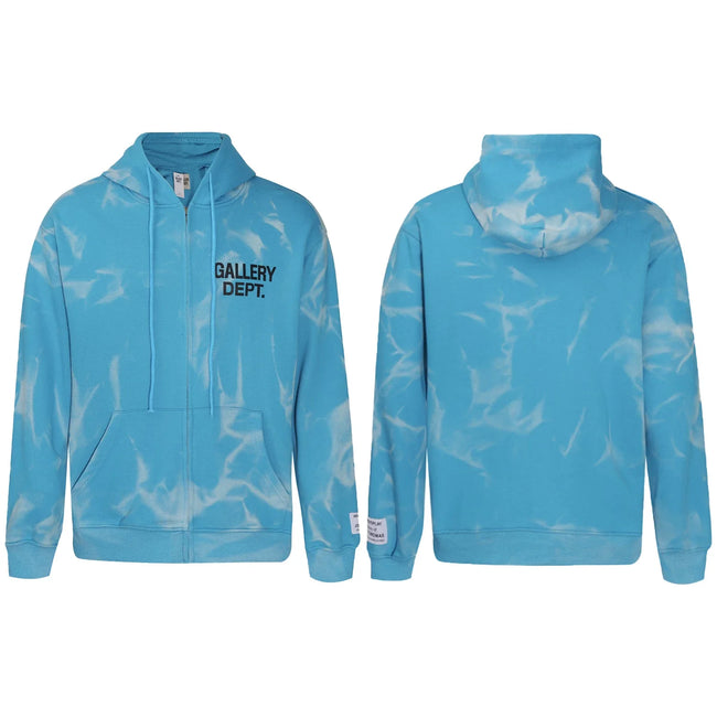 Gallery Dept Blue Marble Tie‑Dye Black Logo Full Zip Up Hoodie Hover Image