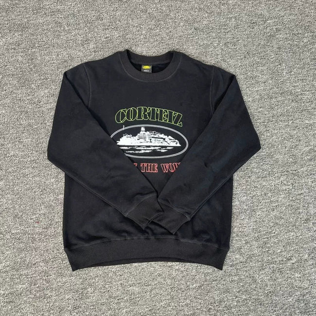 Corteiz "Rules The World" Island Logo Heavyweight Crewneck Sweatshirt - Black Hover Image