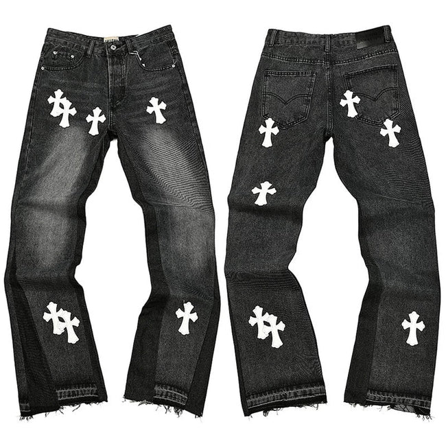 Gallery Dept. White Cross Patch Contrast Side Panel Washed Black Denim Jeans Hover Image